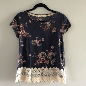Navy floral shirt with cream lace
